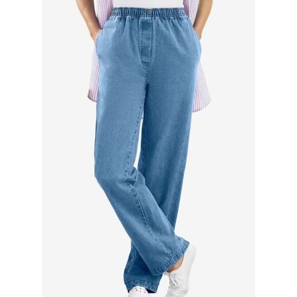 Woman Within NEW Straight-Leg All-Cotton Pull-On 7-Day Elastic-Waist Jeans 28W - Picture 1 of 5